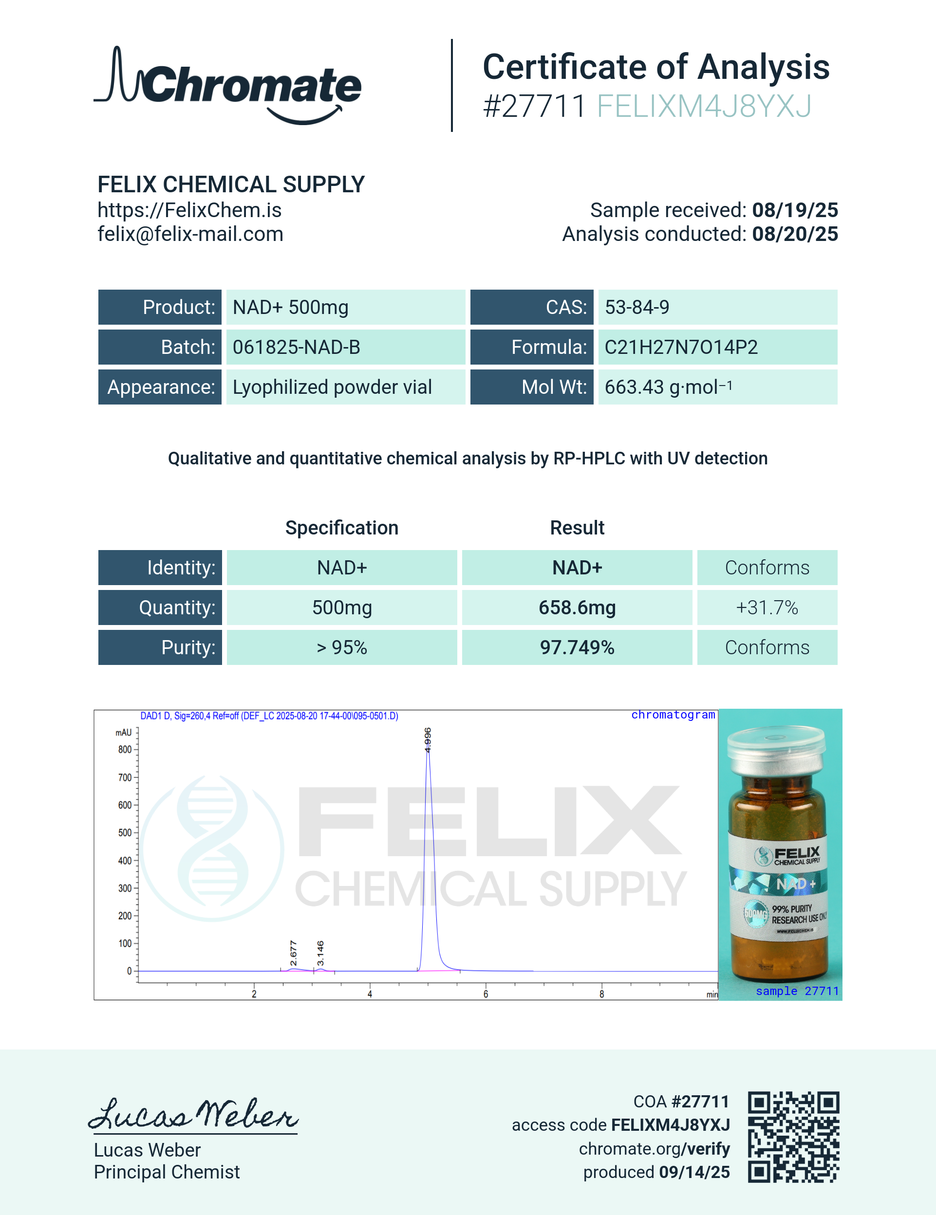 NAD+ (500mg) Certificate of Analysis from Felix Chem