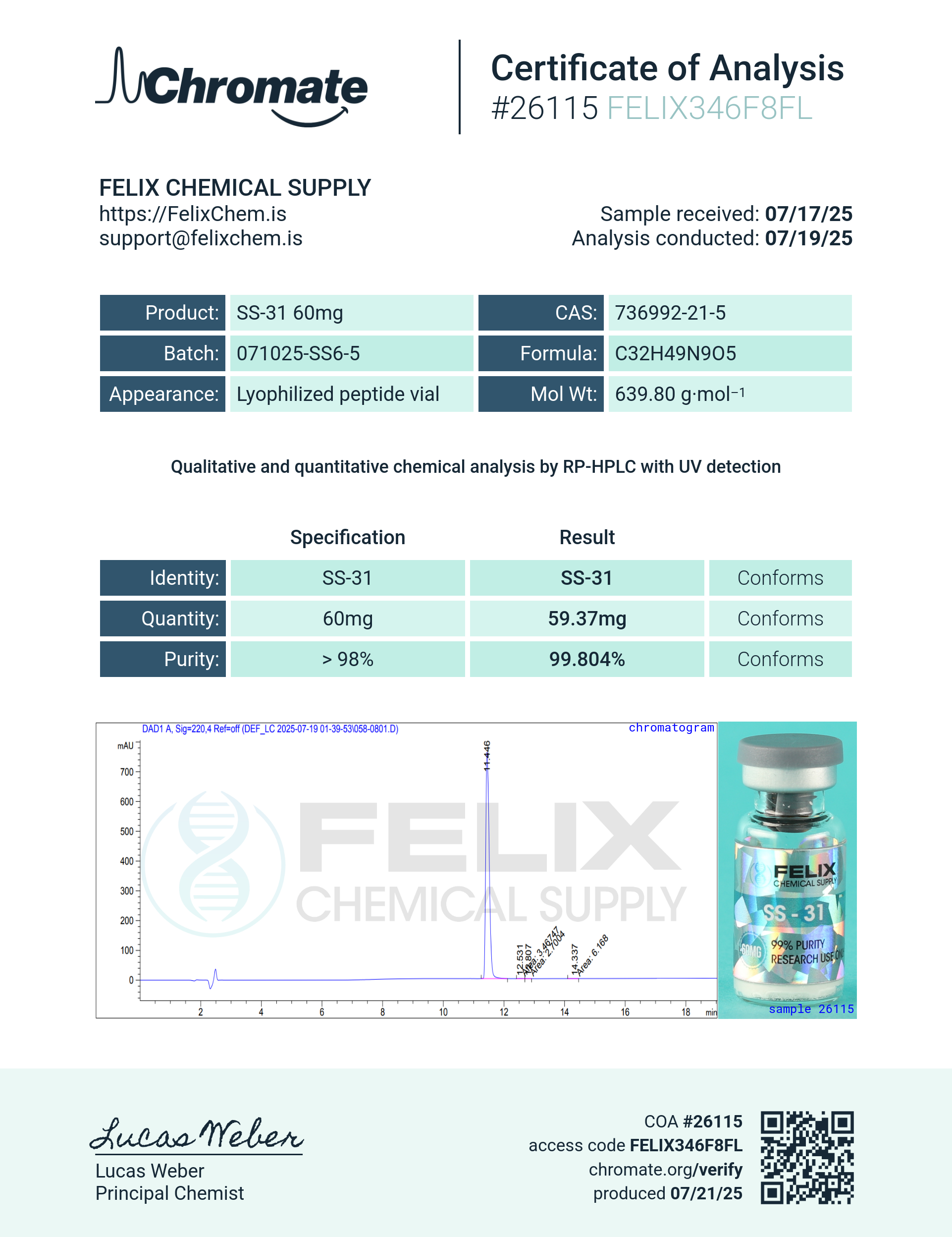 SS-31 (60mg) Certificate of Analysis from Felix Chem