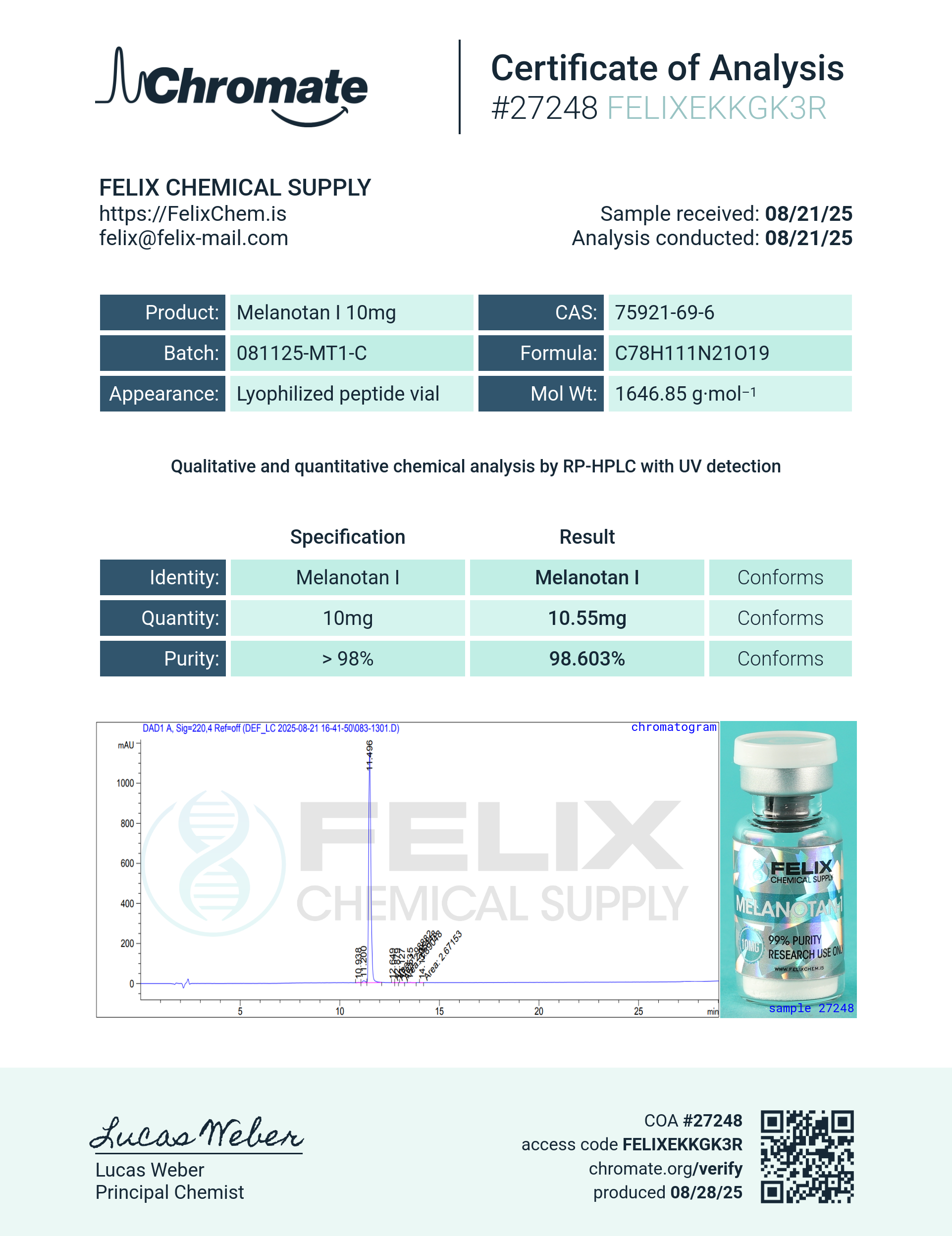 Melanotan-1 (10mg) Certificate of Analysis from Felix Chem