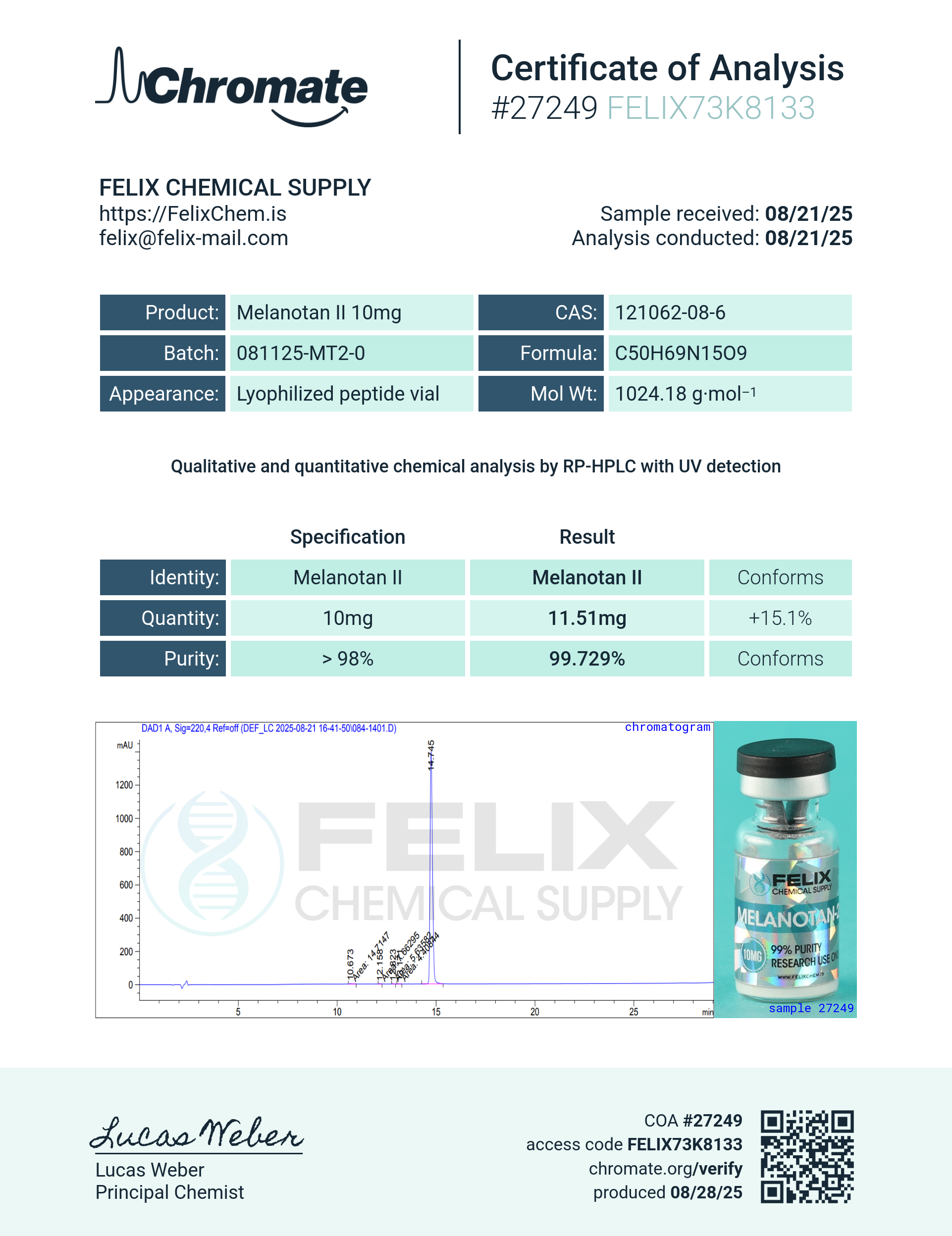 Melanotan-2 (10mg) Certificate of Analysis from Felix Chem