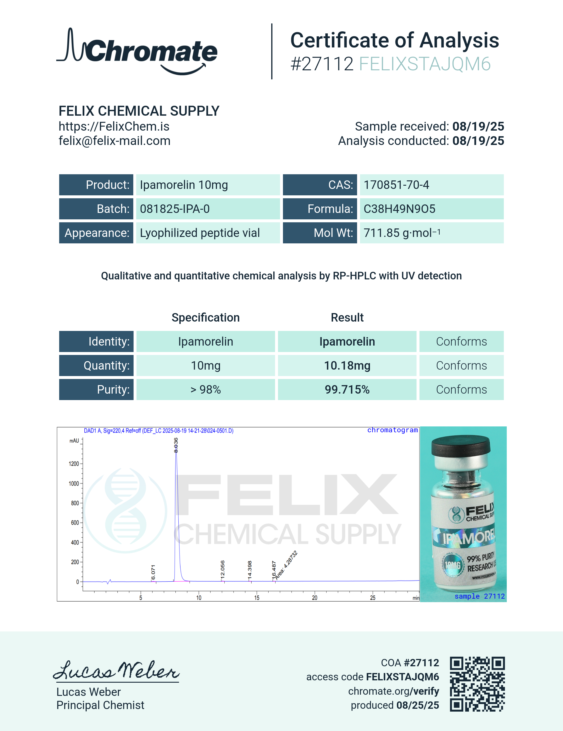 Ipamorelin (10mg) Certificate of Analysis from Felix Chem