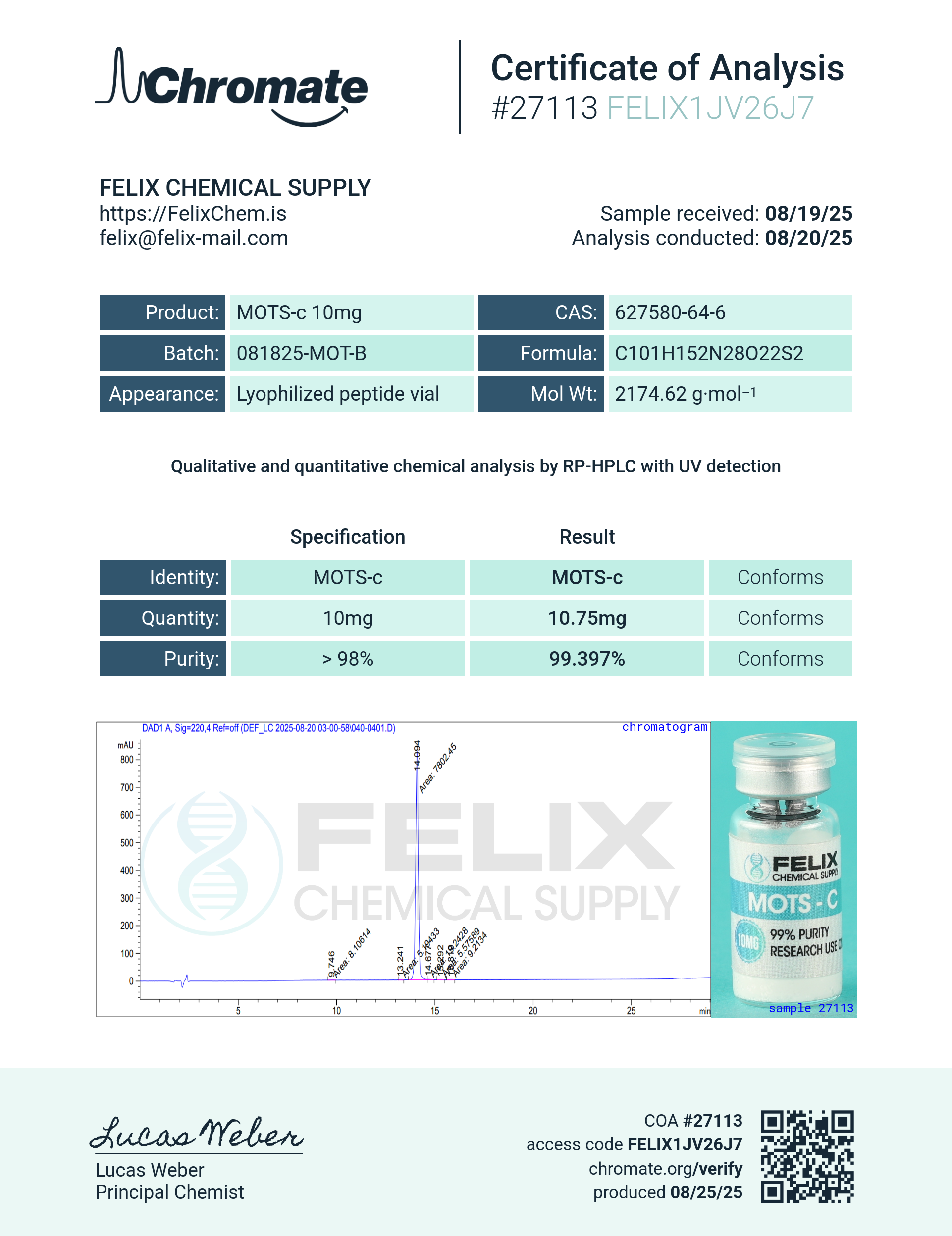 MOTS-c (10mg) Certificate of Analysis from Felix Chem
