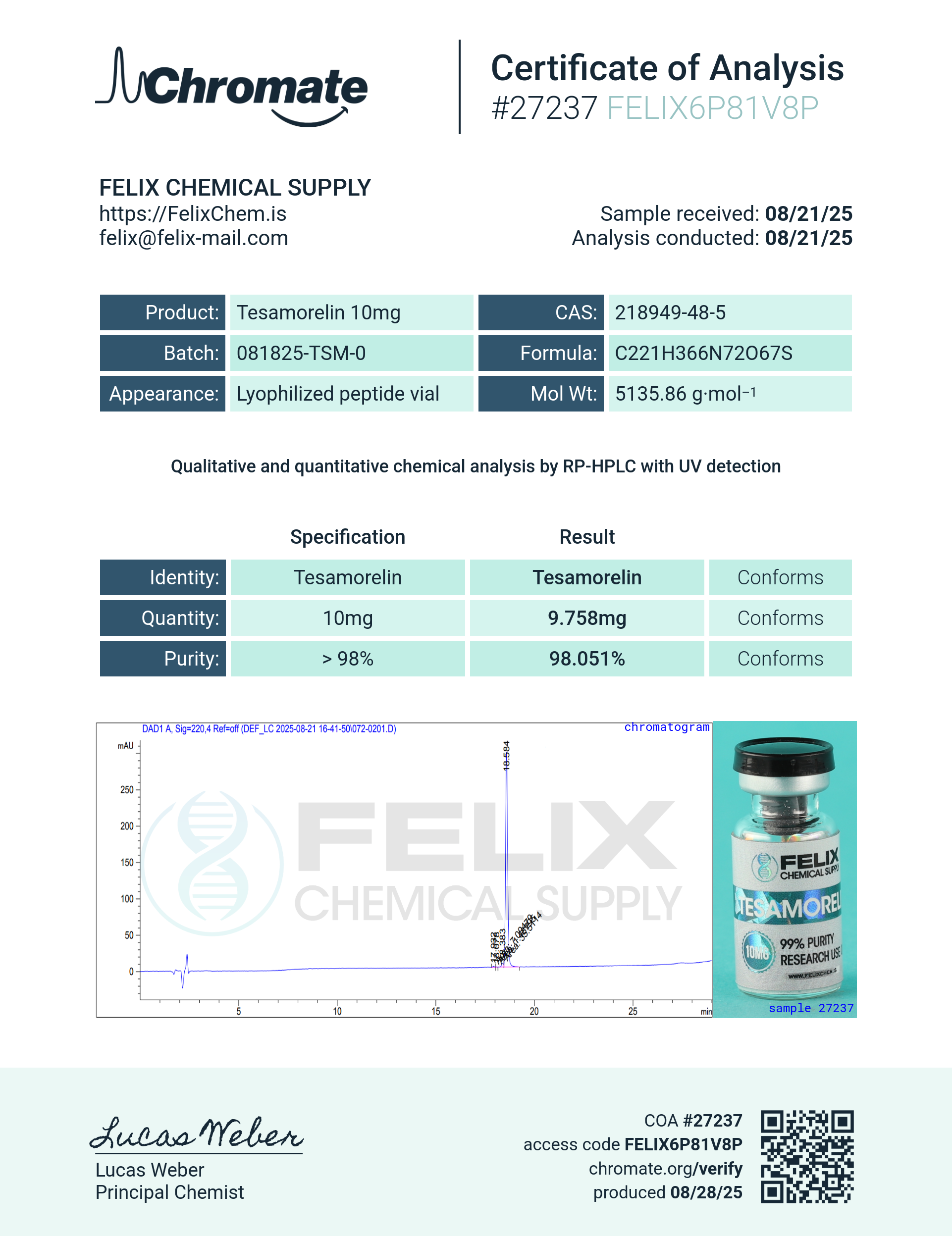 Tesamorelin (10mg) Certificate of Analysis from Felix Chem