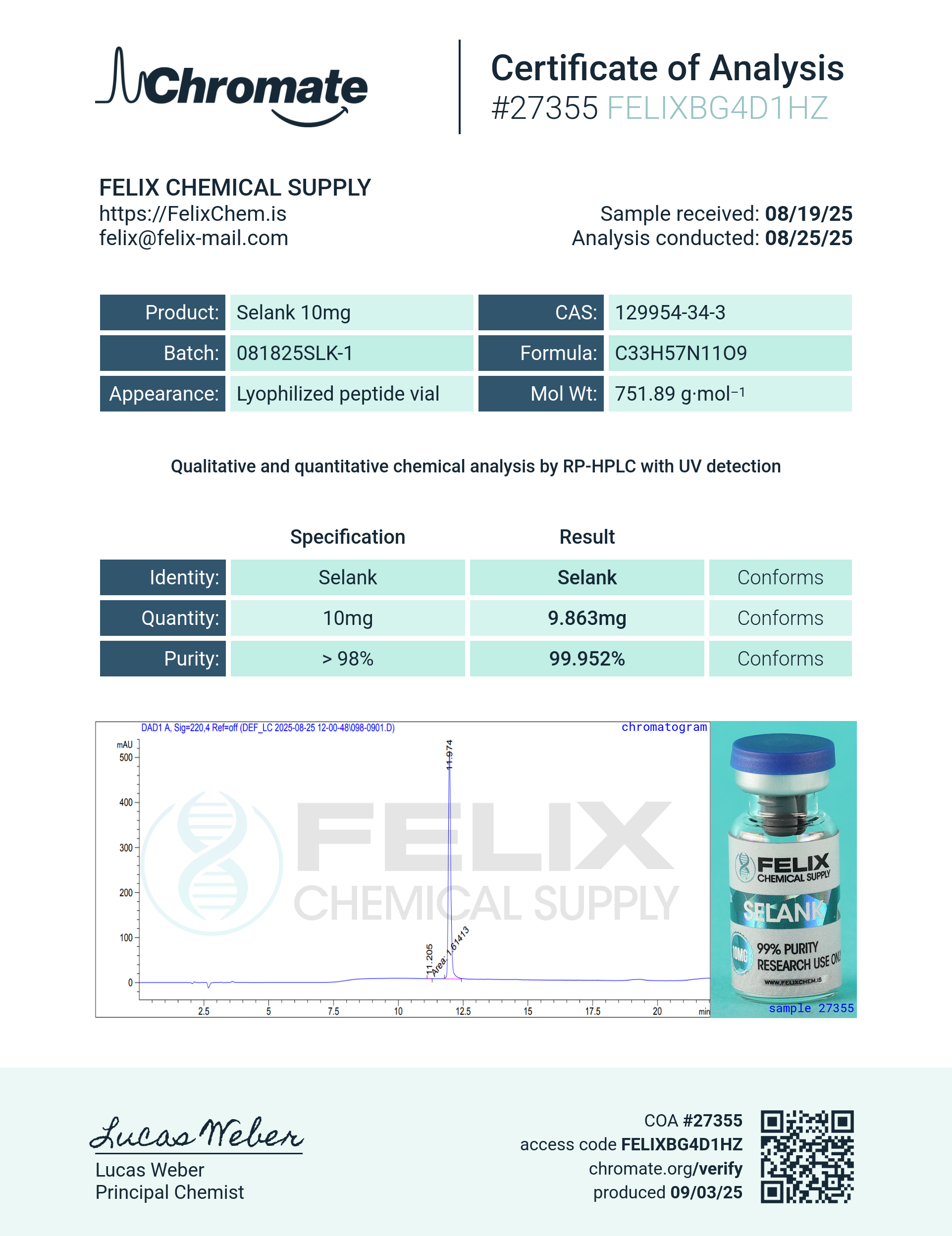 Selank (10mg) Certificate of Analysis from Felix Chem