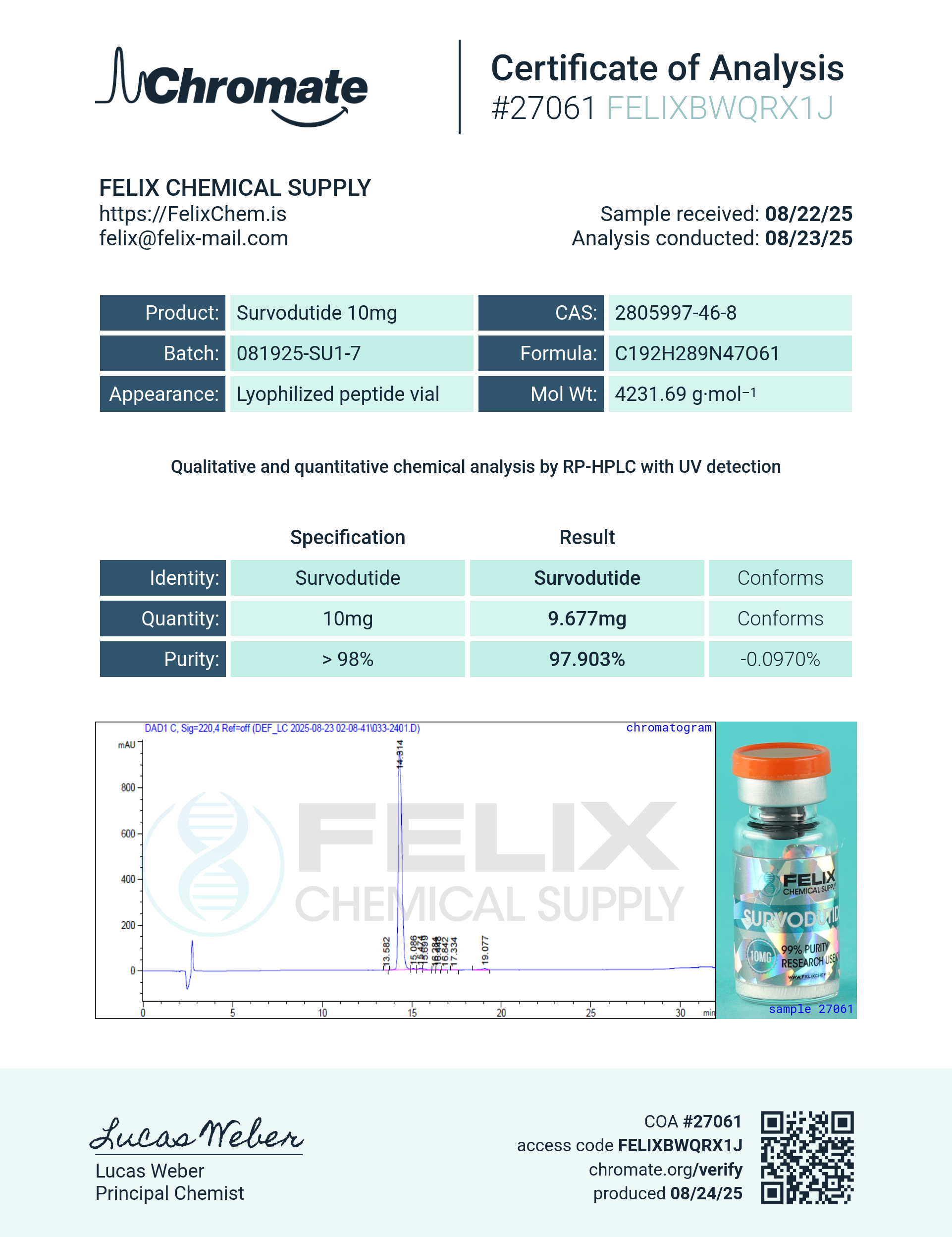 Survodutide (10mg) Certificate of Analysis from Felix Chem