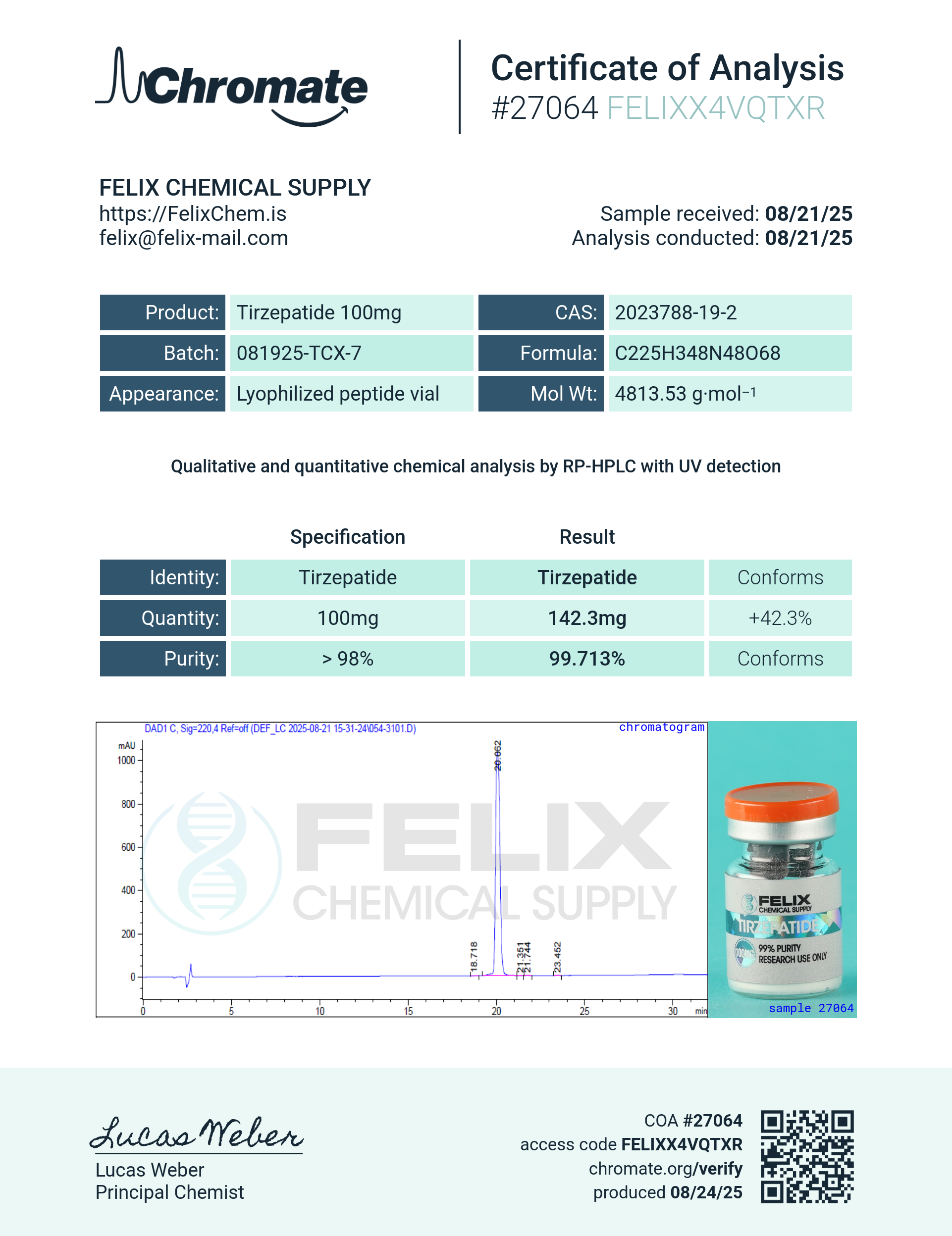 GLP-2T (100mg) Certificate of Analysis from Felix Chem