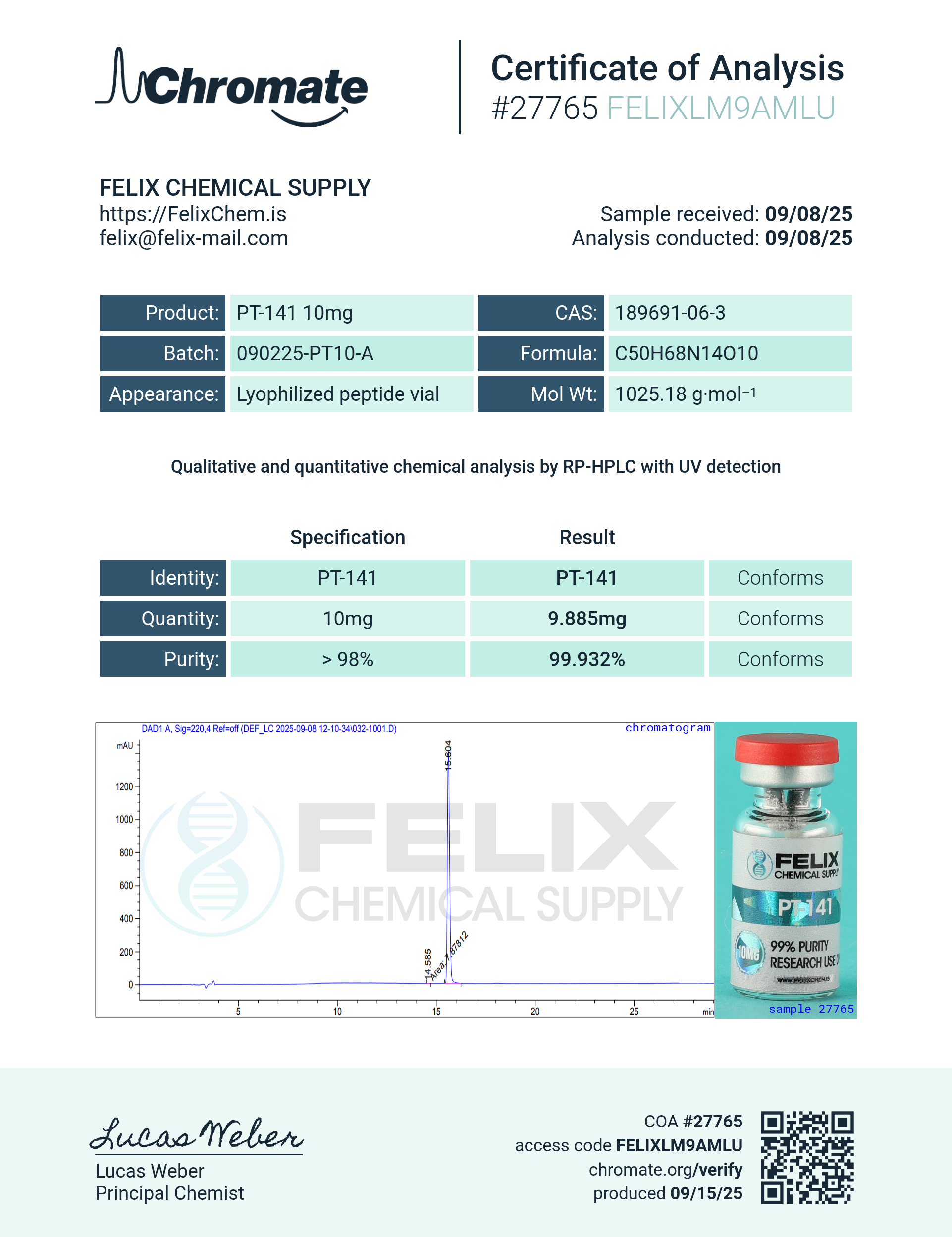 PT-141 (10mg) Certificate of Analysis from Felix Chem