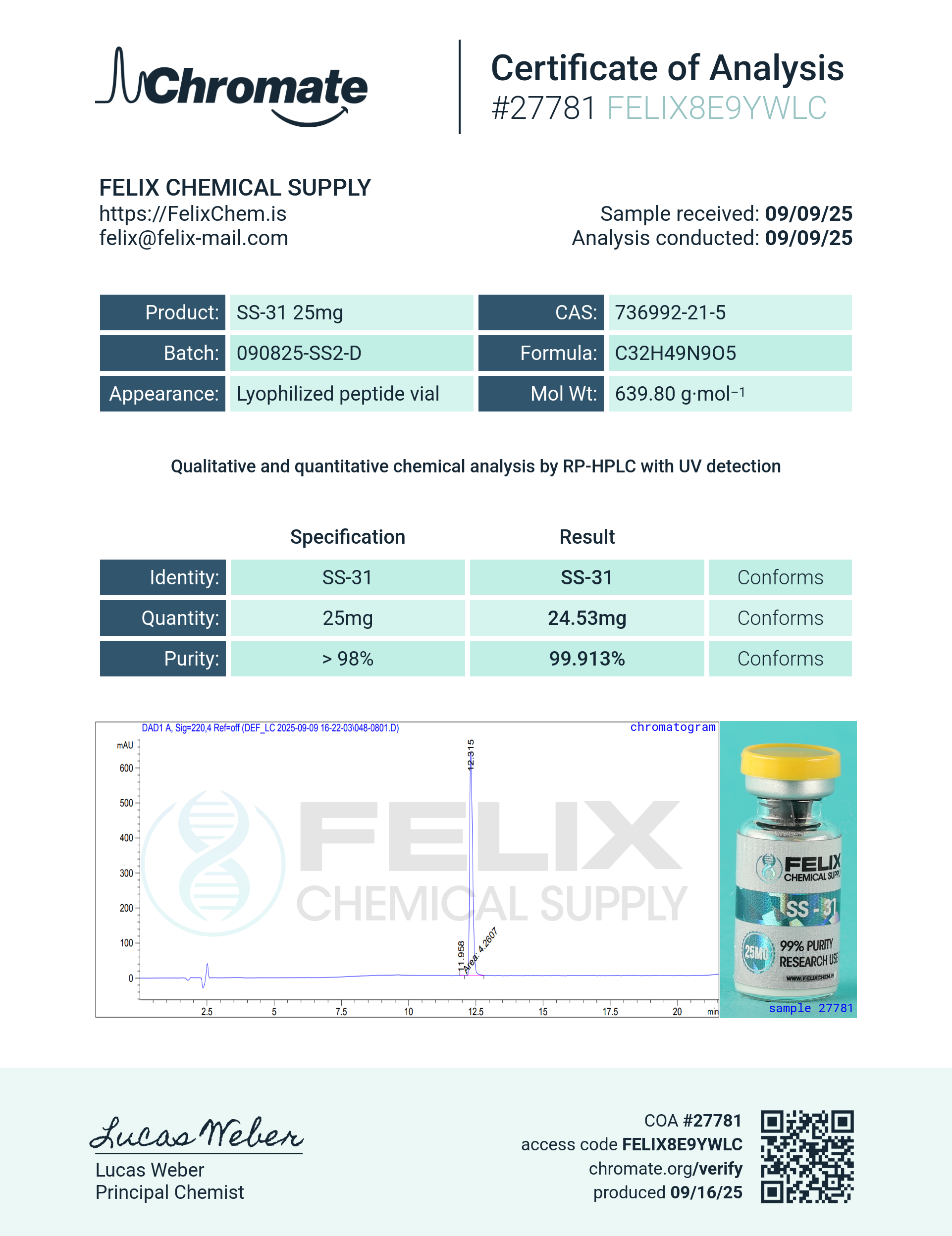 SS-31 (25mg) Certificate of Analysis from Felix Chem