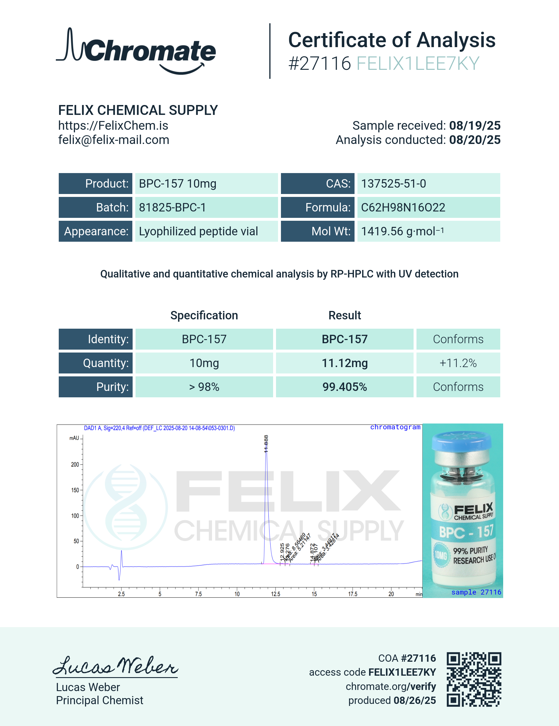 BPC-157 (10mg) Certificate of Analysis from Felix Chem